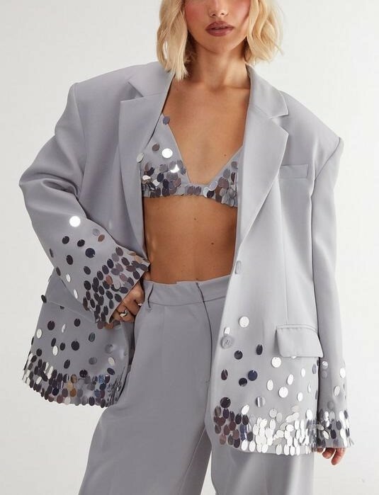 Lux Grey Party淺灰色手工圖片亮片寬版西裝外套