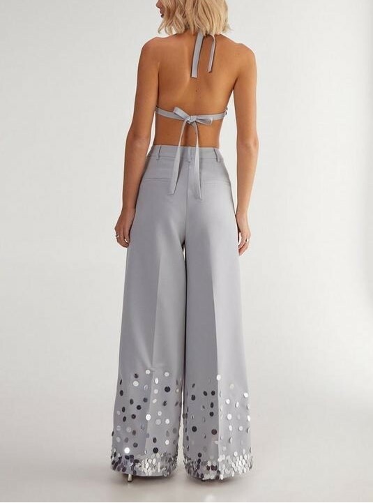 Lux Grey Party淺灰色手工圖片亮片高腰長寬褲