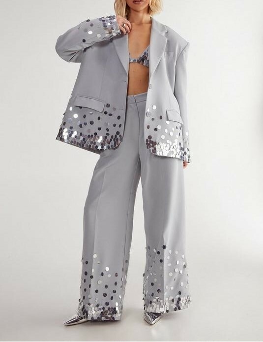 Lux Grey Party淺灰色手工圖片亮片高腰長寬褲