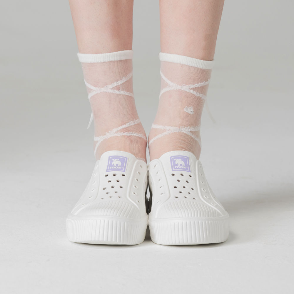 moz瑞典 駝鹿 雙色洞洞餅乾水鞋 (白/紫標) 全球首創 舒適厚底 防潑水-附鞋扣