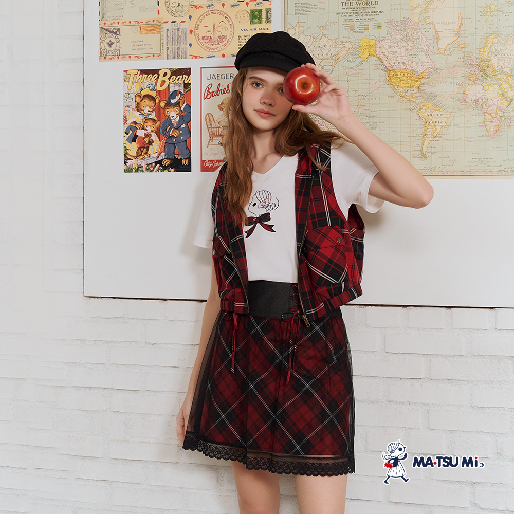 MA‧TSU Mi V領瑪娃燙鑽拼格紋蝴蝶結繡花上衣(白.深藍)