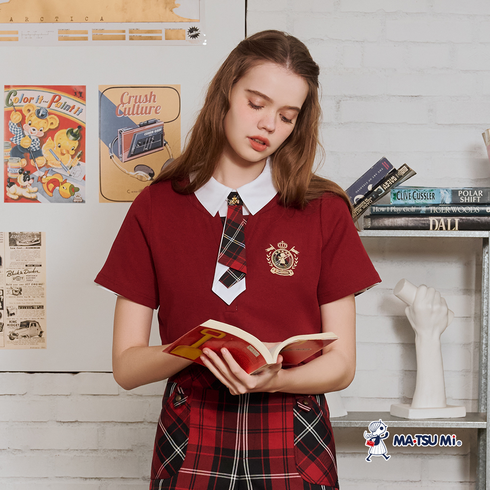 MA‧TSU Mi 假兩件格紋裝飾釦徽章刺繡上衣(白.紅)