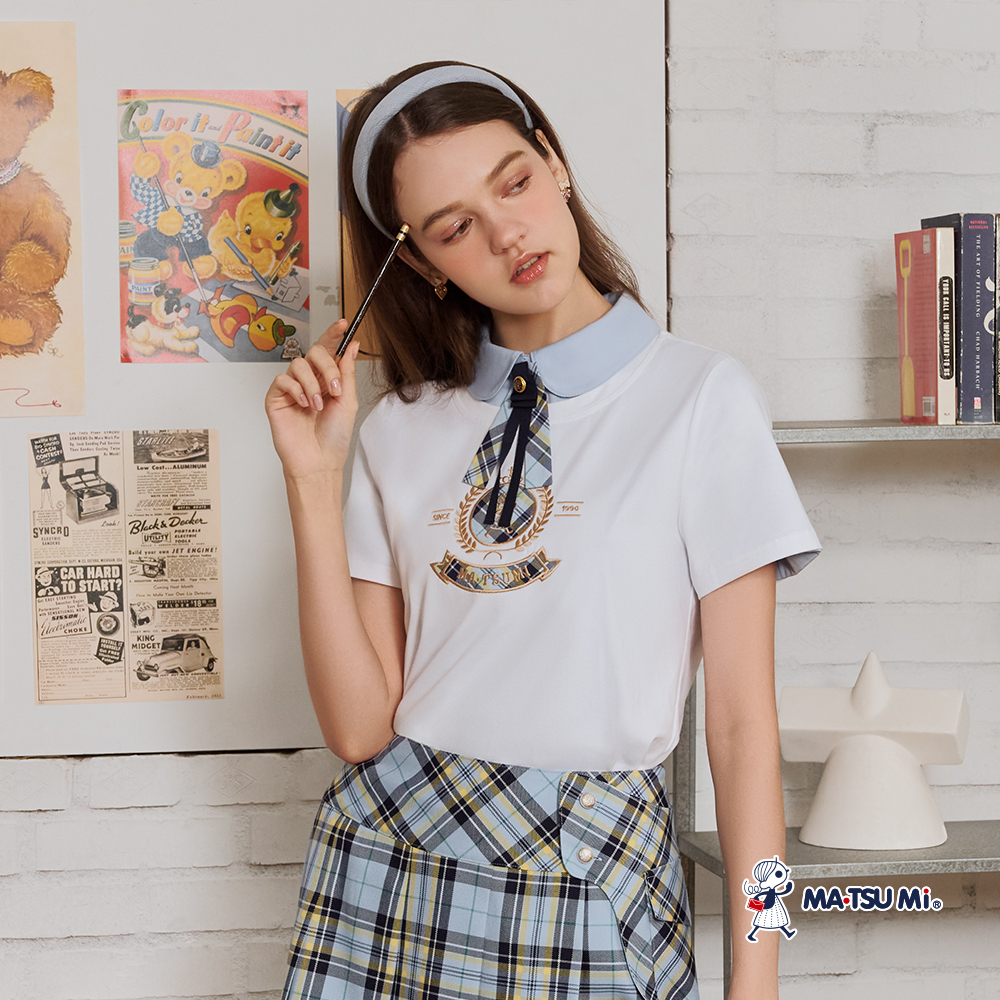 MA‧TSU Mi 瑪娃徽章繡花格紋修飾鬆緊帶上衣(白.黑)