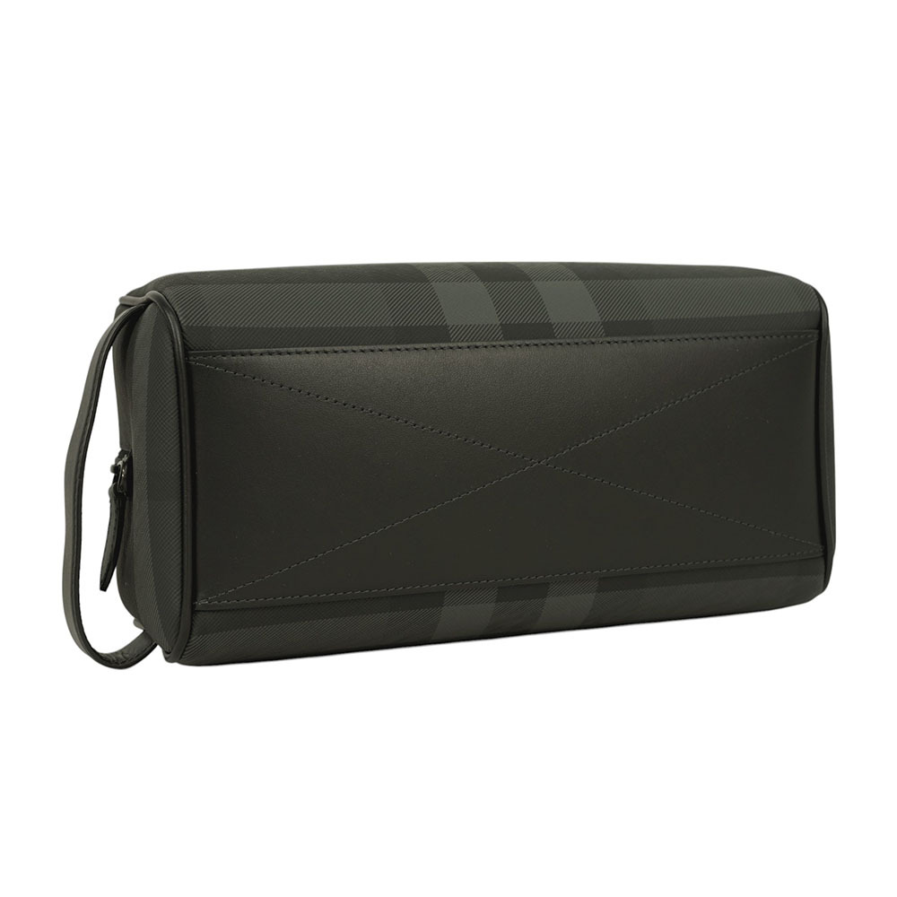 【BURBERRY】格紋塗層帆布及牛皮收納包/手拿包/萬用包(炭灰色)8070279