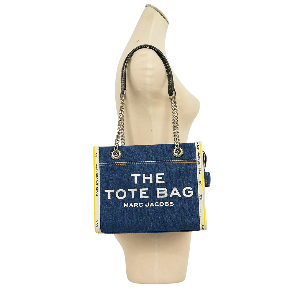 【MARC JACOBS】棉質牛仔布鏈帶小款托特包/肩背包(單寧藍)2F4HTT029H05 473
