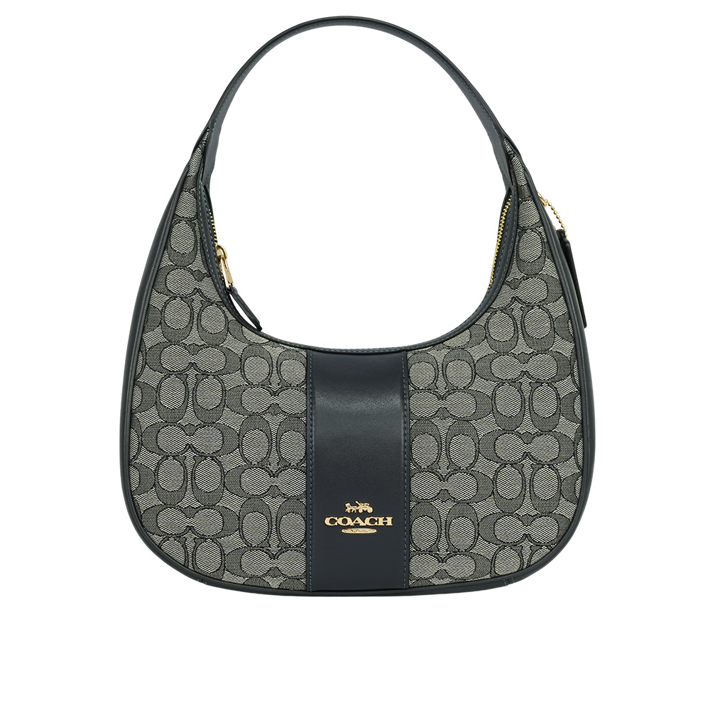 【COACH】Carmen 標誌緹花布及皮革彎月肩背包/手提包(海軍藍/午夜藍)