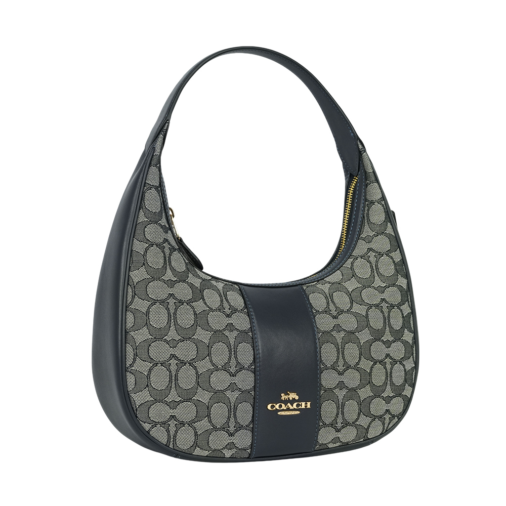 【COACH】Carmen 標誌緹花布及皮革彎月肩背包/手提包(海軍藍/午夜藍)