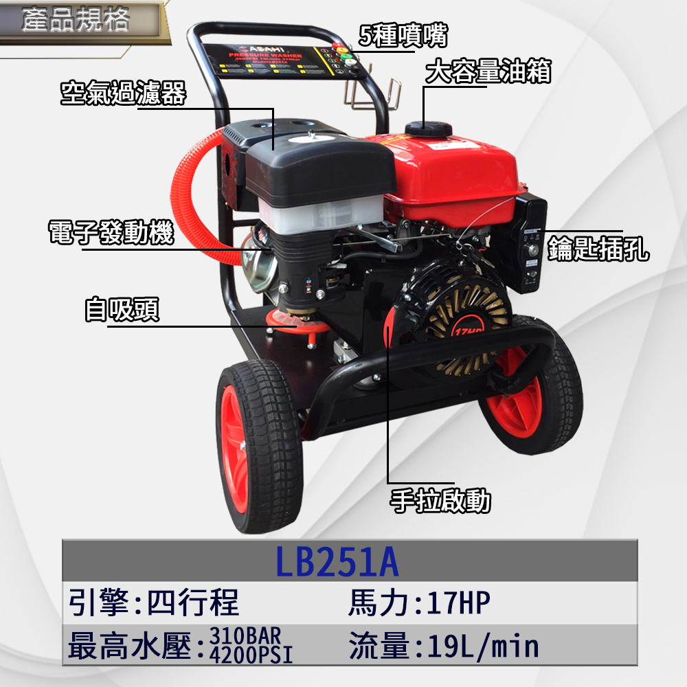 附發票｜LB251A汽油引擎高壓清洗機｜ 17HP 310Bar 四行程高壓清洗機 電動啟動
