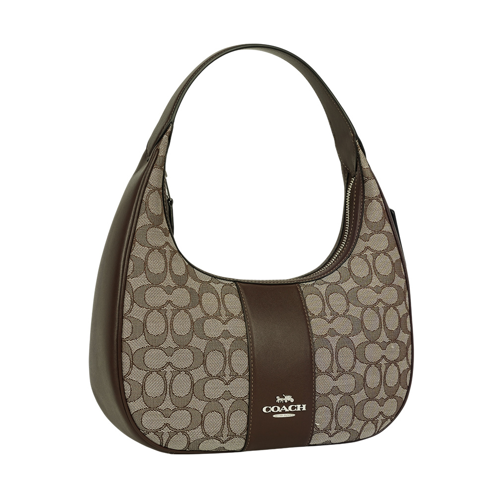 【COACH】Carmen 標誌緹花布及皮革彎月肩背包/手提包(橡木/楓樹棕)