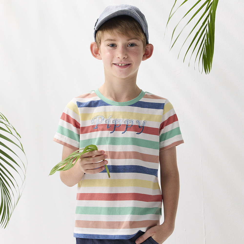 <5折> PIPPY繽紛彩條圓領LOGO刺繡短袖上衣 綠