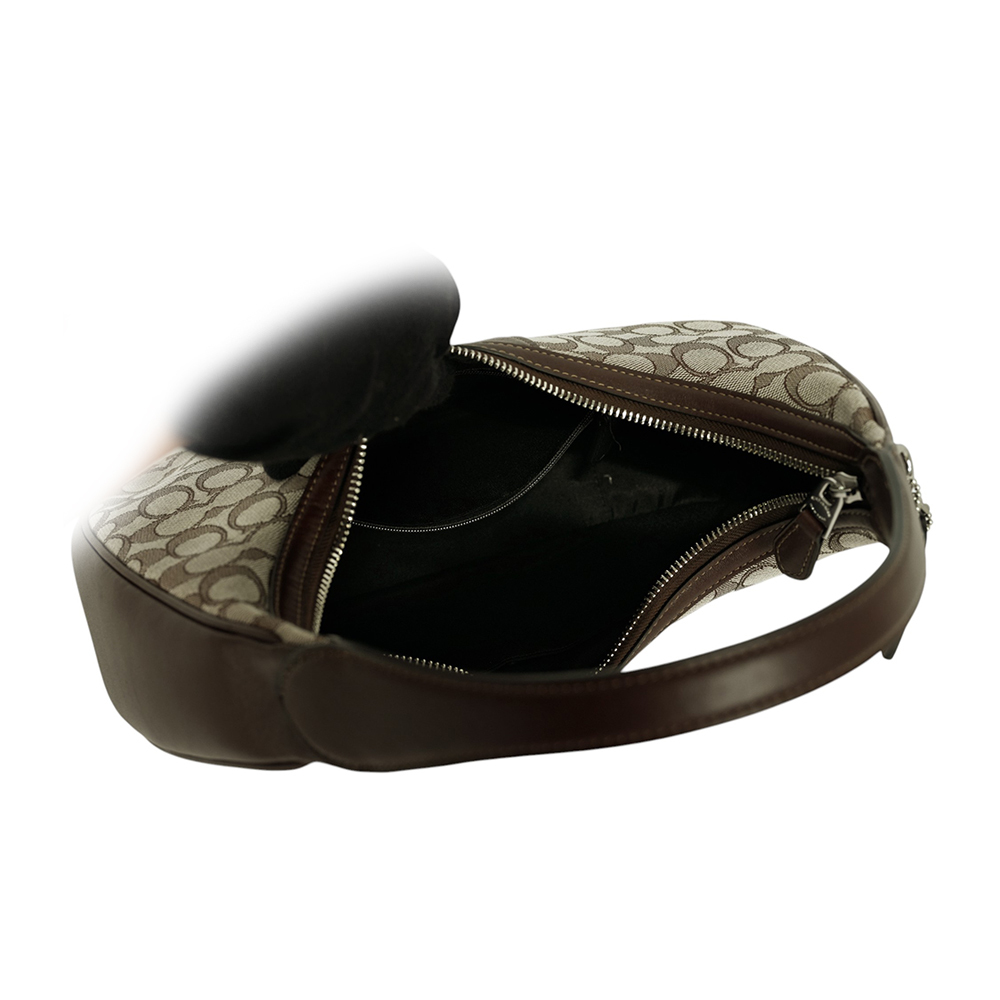 【COACH】Carmen 標誌緹花布及皮革彎月肩背包/手提包(橡木/楓樹棕)CV001 SVS8S