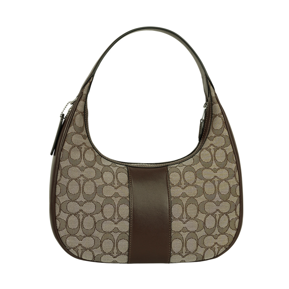 【COACH】Carmen 標誌緹花布及皮革彎月肩背包/手提包(橡木/楓樹棕)CV001 SVS8S