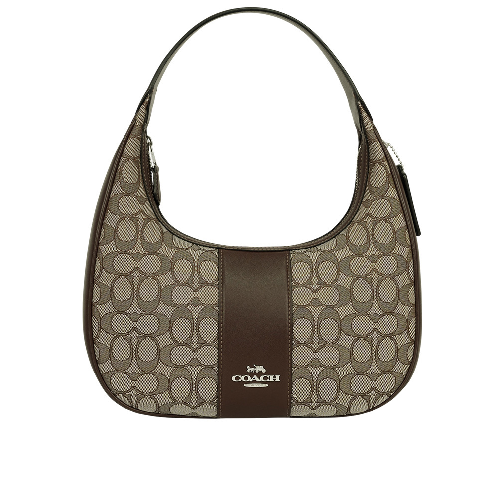 【COACH】Carmen 標誌緹花布及皮革彎月肩背包/手提包(橡木/楓樹棕)CV001 SVS8S