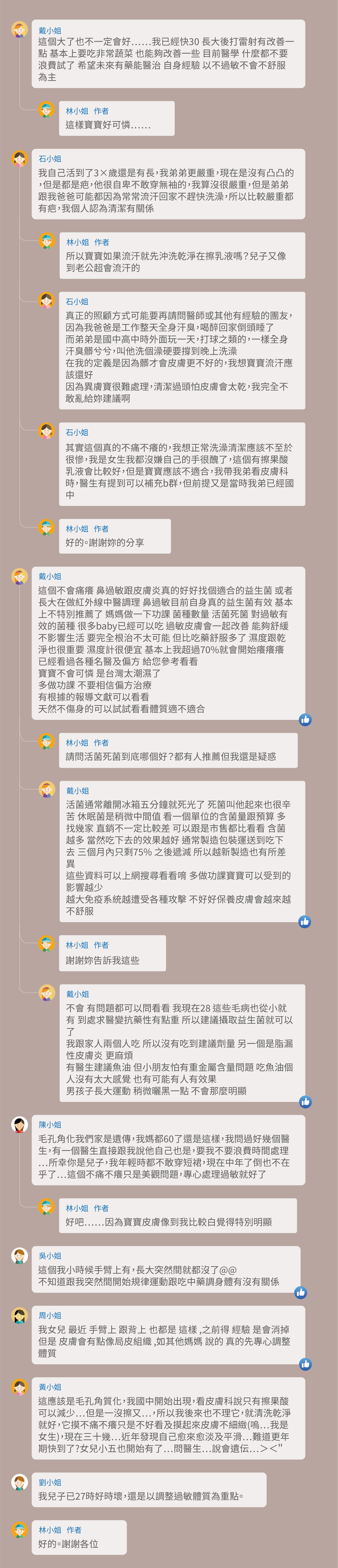 這個大了也不一定會好⋯⋯我已經快30 長大後打雷射有改善一點 基本上要吃非常蔬菜 也能夠改善一些 目前醫學 什麼都不要浪費試了 希望未來有藥能醫治 自身經驗 以不過敏不會不舒服為主，這樣寶寶好可憐⋯⋯，我自己活到了3×歲還是有長，我弟弟更嚴重，現在是沒有凸凸的，但是都是疤，他很自卑不敢穿無袖的，我算沒很嚴重，但是弟弟跟我爸爸可能都因為常常流汗回家不趕快洗澡，所以比較嚴重都有疤，我個人認為清潔有關係，所以寶寶如果流汗就先沖洗乾淨在擦乳液嗎？兒子又像到老公超會流汗的，真正的照顧方式可能要再請問醫師或其他有經驗的團友，因為我爸爸是工作整天全身汗臭，喝醉回家倒頭睡了，而弟弟是國中高中時外面玩一天，打球之類的，一樣全身汗臭髒兮兮，叫他洗個澡硬要撐到晚上洗澡，在我的定義是因為髒才會皮膚更不好的，我想寶寶流汗應該還好，因為異膚寶很難處理，清潔過頭怕皮膚會太乾，我完全不敢亂給妳建議啊，其實這個真的不痛不癢的，我想正常洗澡清潔應該不至於很慘，我是女生我都沒嫌自己的手很醜了，這個有擦果酸乳液會比較好，但是寶寶應該不適合，我帶我弟看皮膚科時，醫生有提到可以補充b群，但前提又是當時我弟已經國中，好的。謝謝妳的分享，這個不會痛癢 鼻過敏跟皮膚炎真的好好找個適合的益生菌 或者長大在做紅外線中醫調理 鼻過敏目前自身真的益生菌有效 基本上不特別推薦了 媽媽做一下功課 菌種數量 活菌死箘 對過敏有效的菌種 很多baby已經可以吃 過敏皮膚會一起改善 能夠舒緩不影響生活 要完全根治不太可能 但比吃藥舒服多了 濕度跟乾淨也很重要 濕度計很便宜 基本上我超過70%就會開始癢癢癢 已經看過各種名醫及偏方 給您參考看看，寶寶不會可憐 是台灣太潮濕了，多做功課 不要相信偏方治療，有根據的報導文獻可以看看，天然不傷身的可以試試看看體質適不適合，請問活菌死菌到底哪個好？都有人推薦但我還是疑惑，活菌通常離開冰箱五分鐘就死光了 死箘叫他起來也很辛苦 休眠菌是稍微中間值 看一個單位的含菌量跟預算 多找幾家 直銷不一定比較差 可以跟是市售都比看看 含菌越多 當然吃下去的效果越好 通常製造包裝運送到吃下去 三個月內只剩75% 之後遞減 所以越新製造也有所差異，這些資料可以上網搜尋看看唷 多做功課寶寶可以受到的影響越少，越大免疫系統越遭受各種攻擊 不好好保養皮膚會越來越不舒服，謝謝妳告訴我這些，不會 有問題都可以問看看 我現在28 這些毛病也從小就有 到處求醫變抗藥性有點重 所以建議攝取益生菌就可以了，我跟家人兩個人吃 所以沒有吃到建議劑量 另一個是脂漏性皮膚炎 更麻煩，有醫生建議魚油 但小朋友怕有重金屬含量問題 吃魚油個人沒有太大感覺 也有可能有人有效果，男孩子長大運動 稍微曬黑一點 不會那麼明顯，毛孔角化我們家是遺傳，我媽都60了還是這樣，我問過好幾個醫生，有一個醫生直接跟我說他自己也是，要我不要浪費時間處理…所幸你是兒子，我年輕時都不敢穿短裙，現在中年了倒也不在乎了…這個不痛不癢只是美觀問題，專心處理過敏就好了，好吧⋯⋯因為寶寶皮膚像到我比較白覺得特別明顯，這個我小時候手臂上有，長大突然間就都沒了@@，不知道跟我突然間開始規律運動跟吃中藥調身體有沒有關係，我女兒 最近 手臂上 跟背上 也都是 這樣 ,之前得 經驗 是會消掉但是 皮膚會有點像局皮組織 ,如其他媽媽 說的 真的先專心調整體質，這應該是毛孔角質化，我國中開始出現，看皮膚科說只有擦果酸可以減少…但是一沒擦又…，所以我後來也不理它，就清洗乾淨就好，它摸不痛不癢只是不好看及摸起來皮膚不細緻(嗚…我是女生)，現在三十幾⋯近年發現自己愈來愈淡及平滑…難道更年期快到了?女兒小五也開始有了…問醫生…說會遺伝…＞＜＂，我兒子已27時好時壞，還是以調整過敏體質為重點。好的。謝謝各位