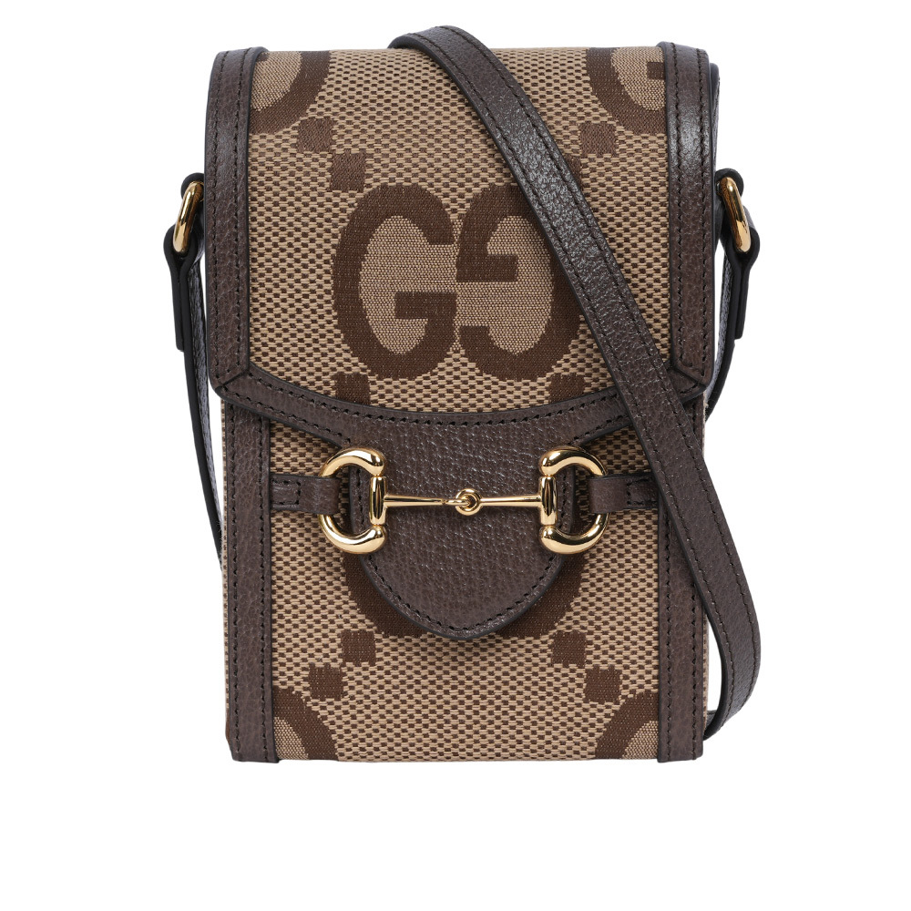 【GUCCI】Horsebit 1955 Jumbo GG 標誌緹花手機斜背包