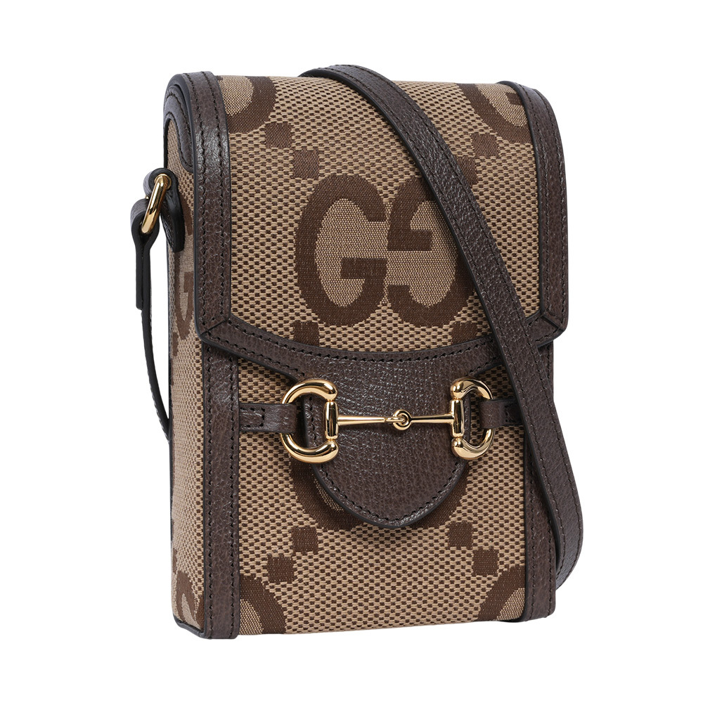 【GUCCI】Horsebit 1955 Jumbo GG 標誌緹花手機斜背包(棕色)625615 UKMBG 2572