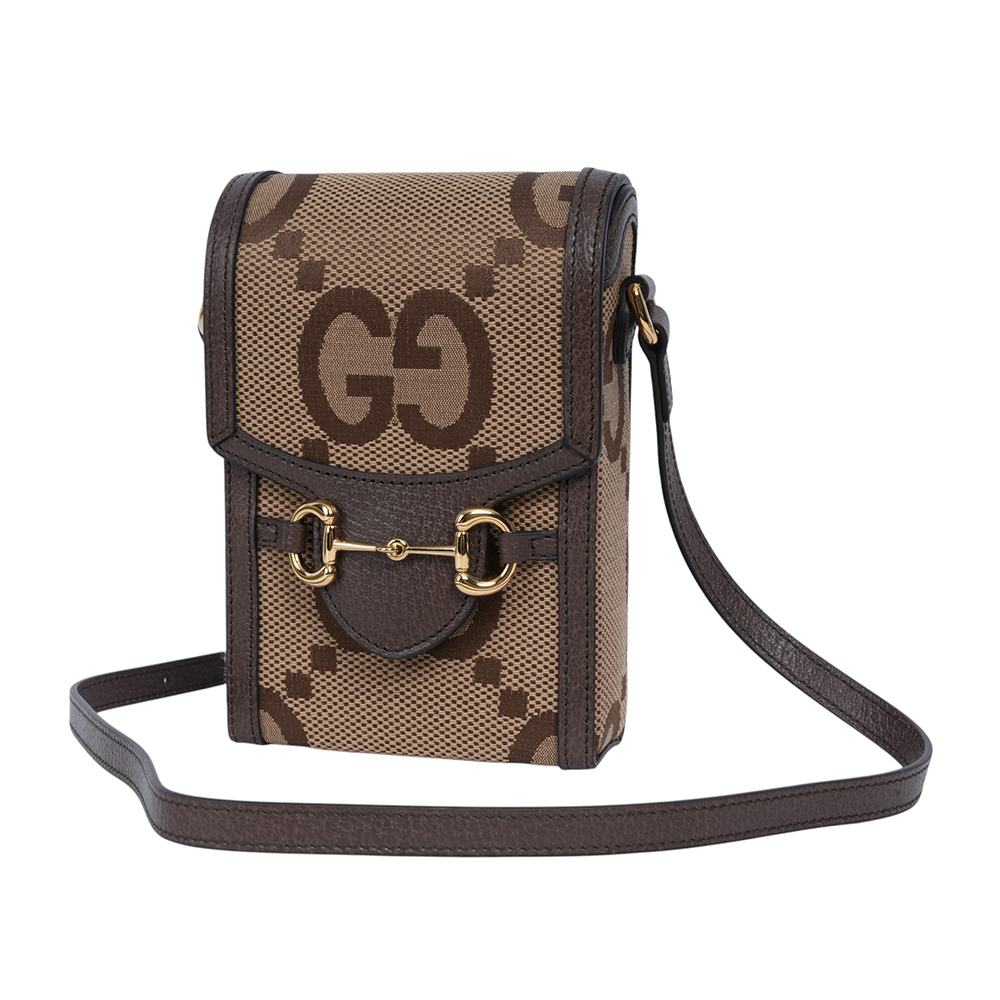 【GUCCI】Horsebit 1955 Jumbo GG 標誌緹花手機斜背包(棕色)625615 UKMBG 2572