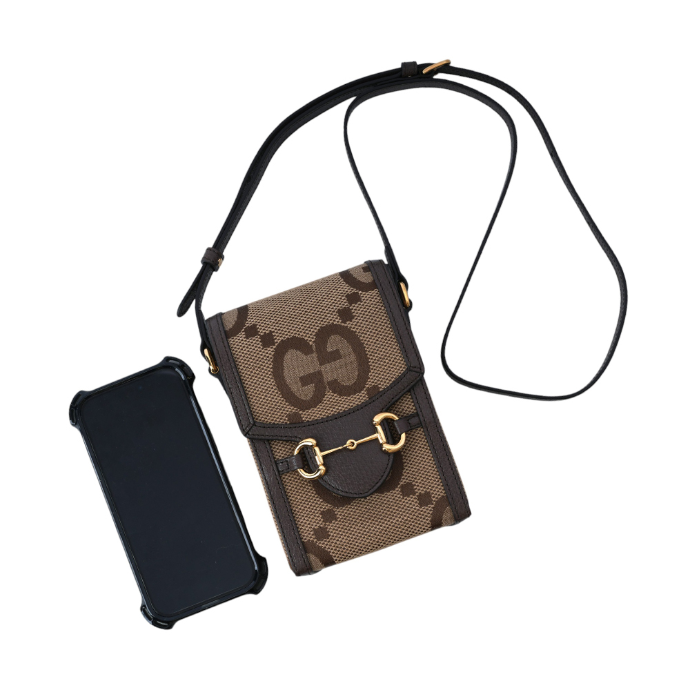 【GUCCI】Horsebit 1955 Jumbo GG 標誌緹花手機斜背包(棕色)625615 UKMBG 2572