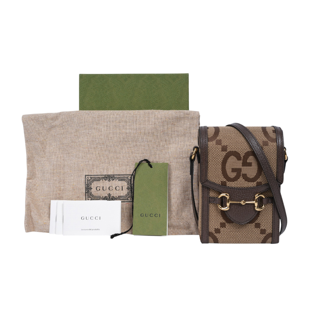【GUCCI】Horsebit 1955 Jumbo GG 標誌緹花手機斜背包(棕色)625615 UKMBG 2572