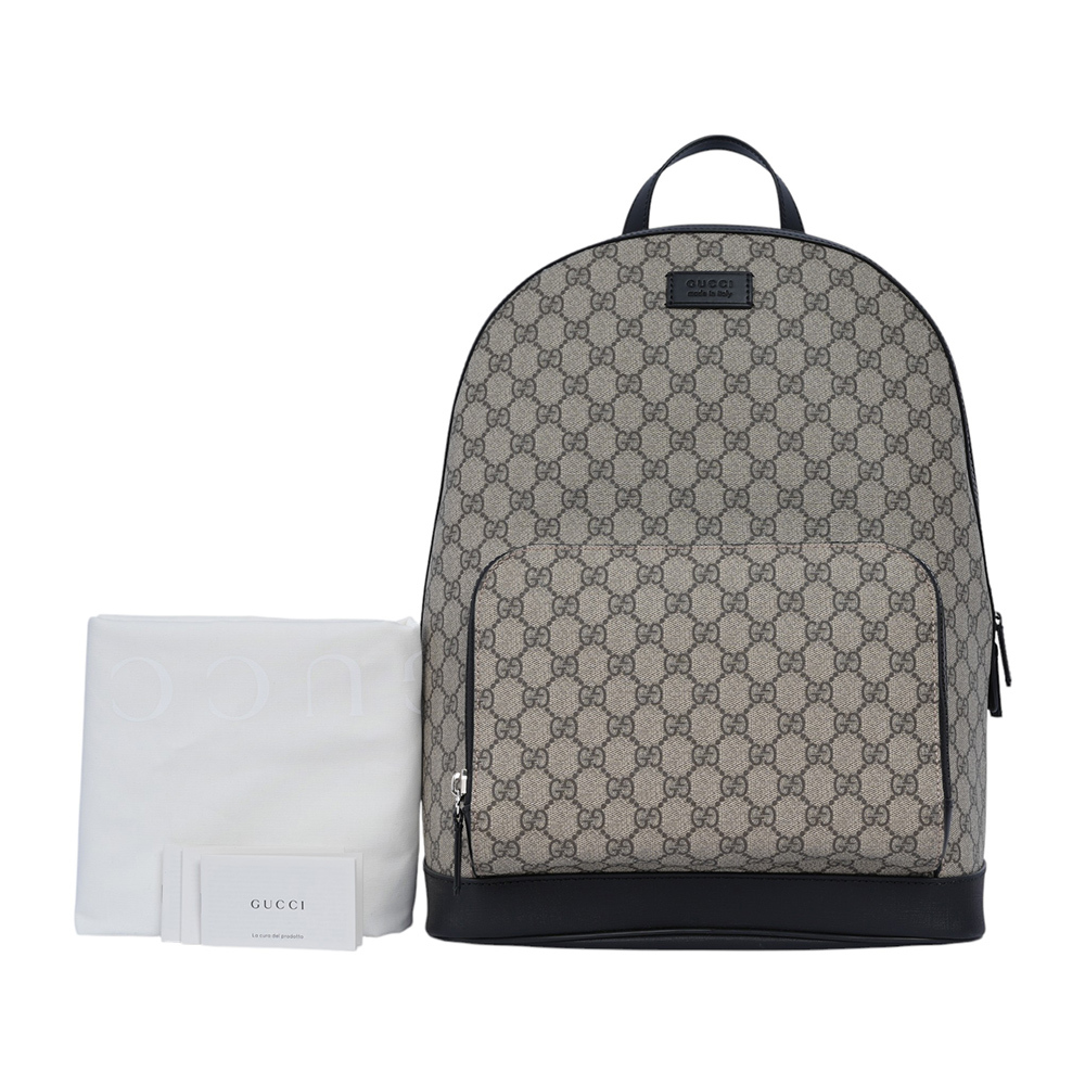 【GUCCI】GG Supreme 塗層帆布及皮革拉鍊後背包(烏木色/黑色)779838 FAC94 9772