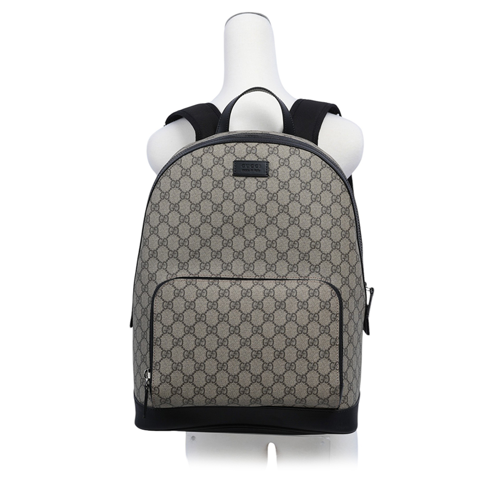 【GUCCI】GG Supreme 塗層帆布及皮革拉鍊後背包(烏木色/黑色)779838 FAC94 9772