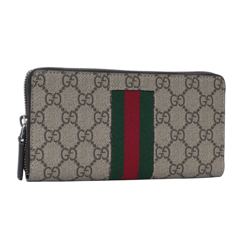 【GUCCI】GG Supreme 塗層帆布綠紅織帶ㄇ形拉鍊長夾(米色/烏木色)779870 KHN4N 9791