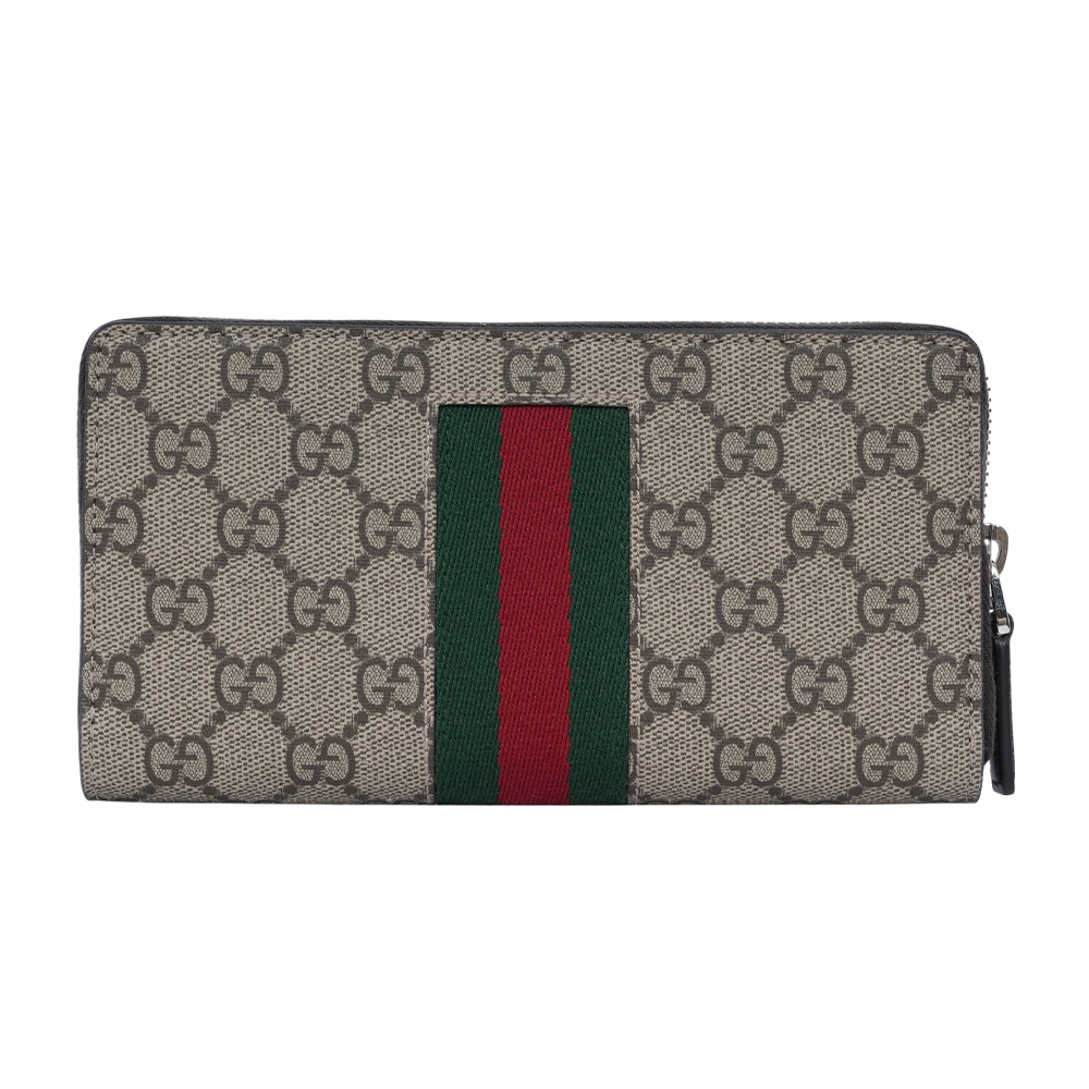 【GUCCI】GG Supreme 塗層帆布綠紅織帶ㄇ形拉鍊長夾(米色/烏木色)779870 KHN4N 9791