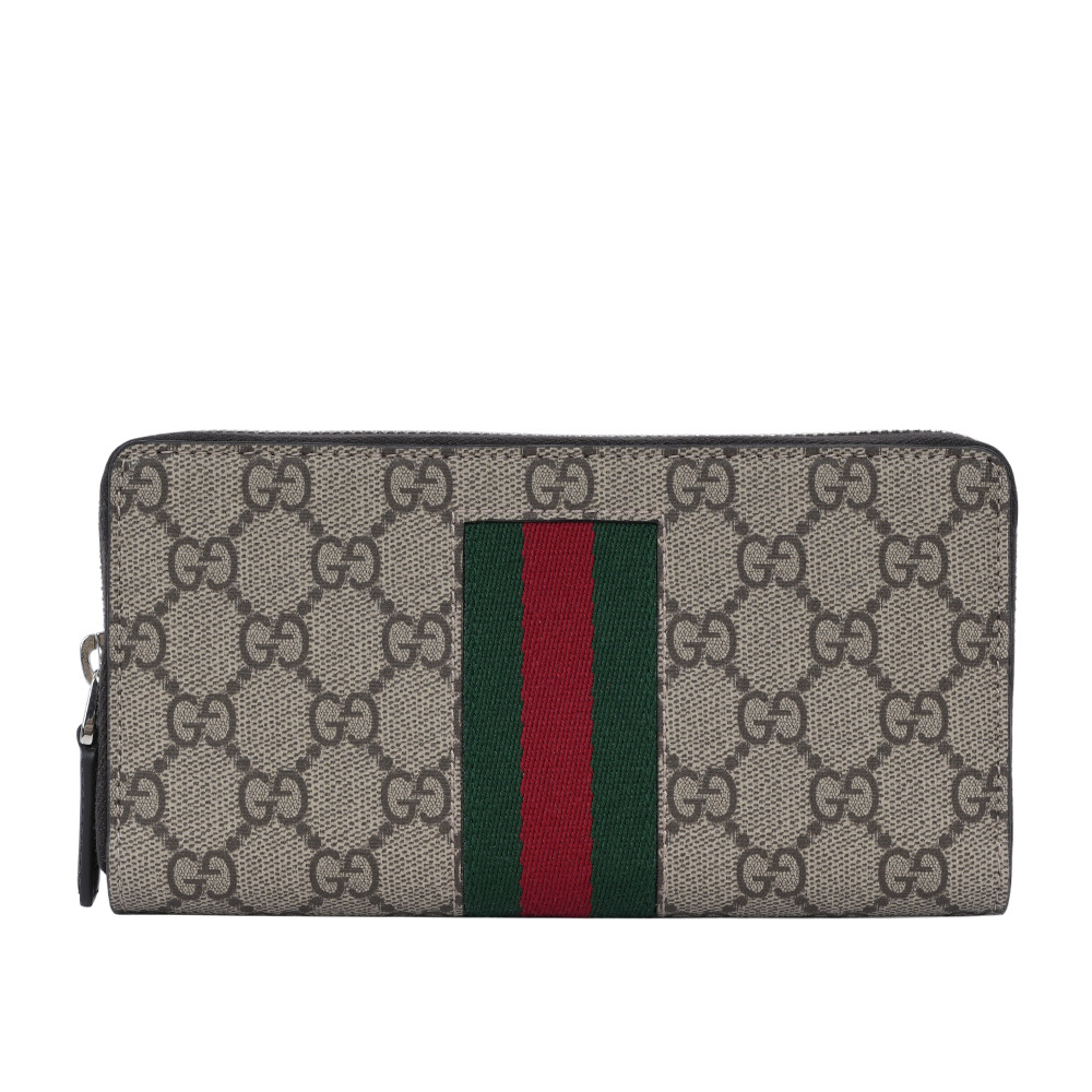 【GUCCI】GG Supreme 塗層帆布綠紅織帶ㄇ形拉鍊長夾(米色/烏木色)779870 KHN4N 9791