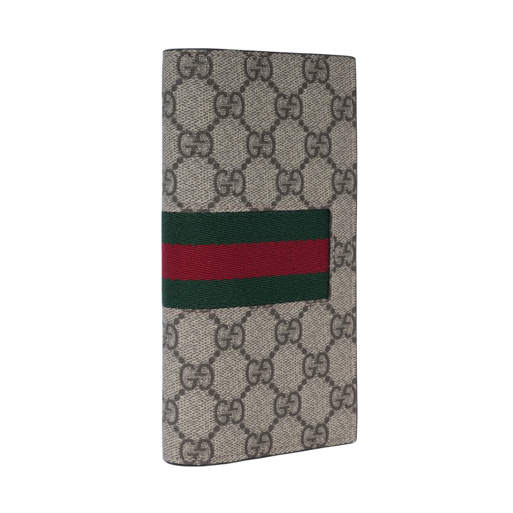 【GUCCI】GG Supreme 塗層帆布及綠紅織帶二折長夾