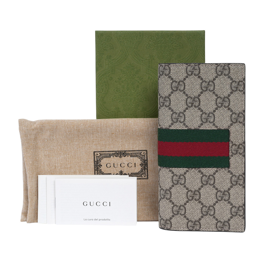 【GUCCI】GG Supreme 塗層帆布及綠紅織帶二折長夾(米色/烏木色)779872 KHN4N 9791