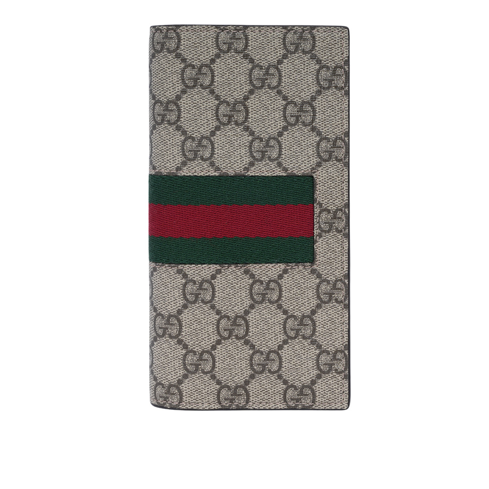 【GUCCI】GG Supreme 塗層帆布及綠紅織帶二折長夾(米色/烏木色)779872 KHN4N 9791