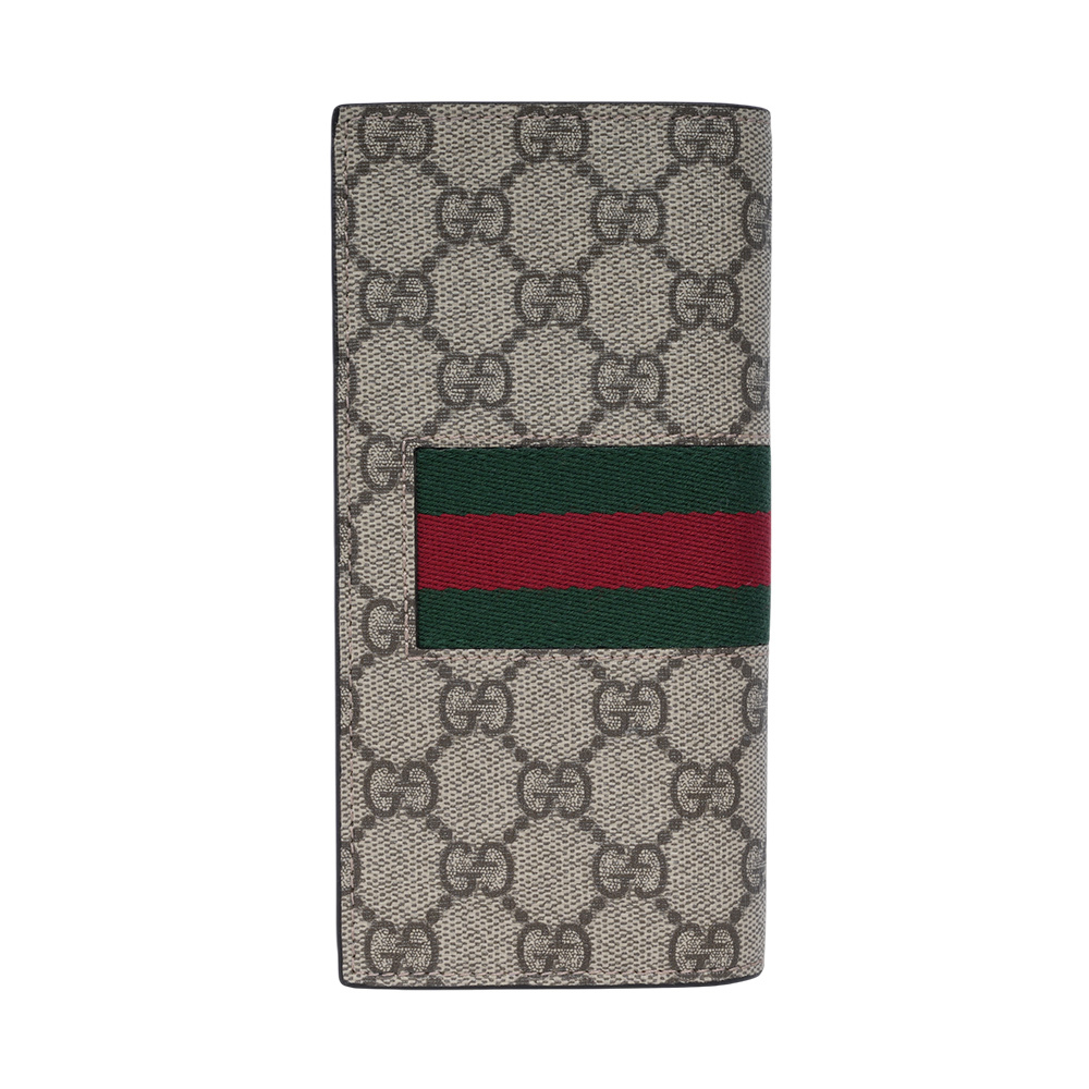 【GUCCI】GG Supreme 塗層帆布及綠紅織帶二折長夾(米色/烏木色)779872 KHN4N 9791