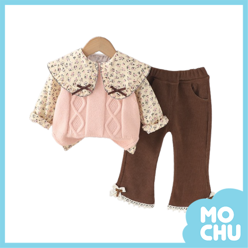 小碎花大翻領襯衫套裝(三色)