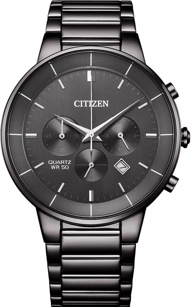 萬年鐘錶 - Citizen 星辰錶  全黑簡約三眼計時不鏽鋼男錶 AN8227-53H 錶徑40MM