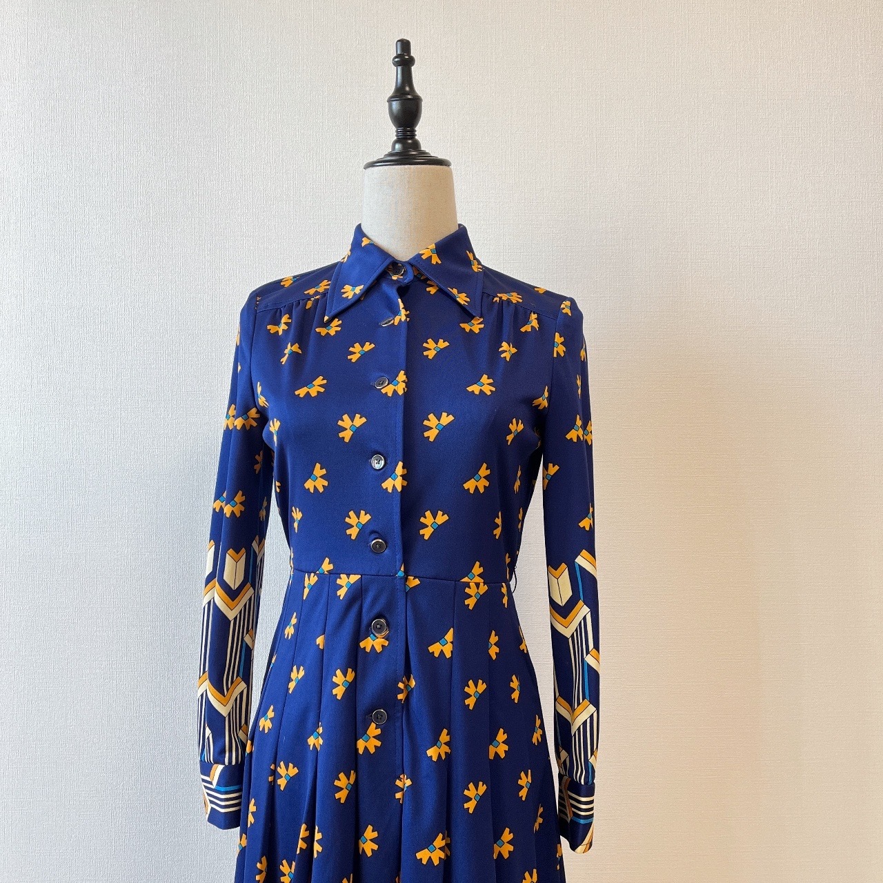 寶藍色卡通太陽花圖案古著連身裙