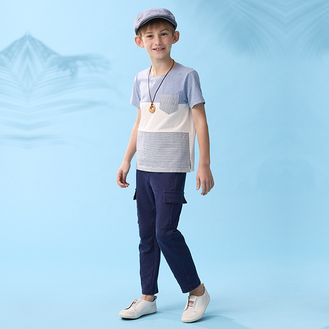 PIPPY清涼寬版橫條紋圓領短袖上衣 藍