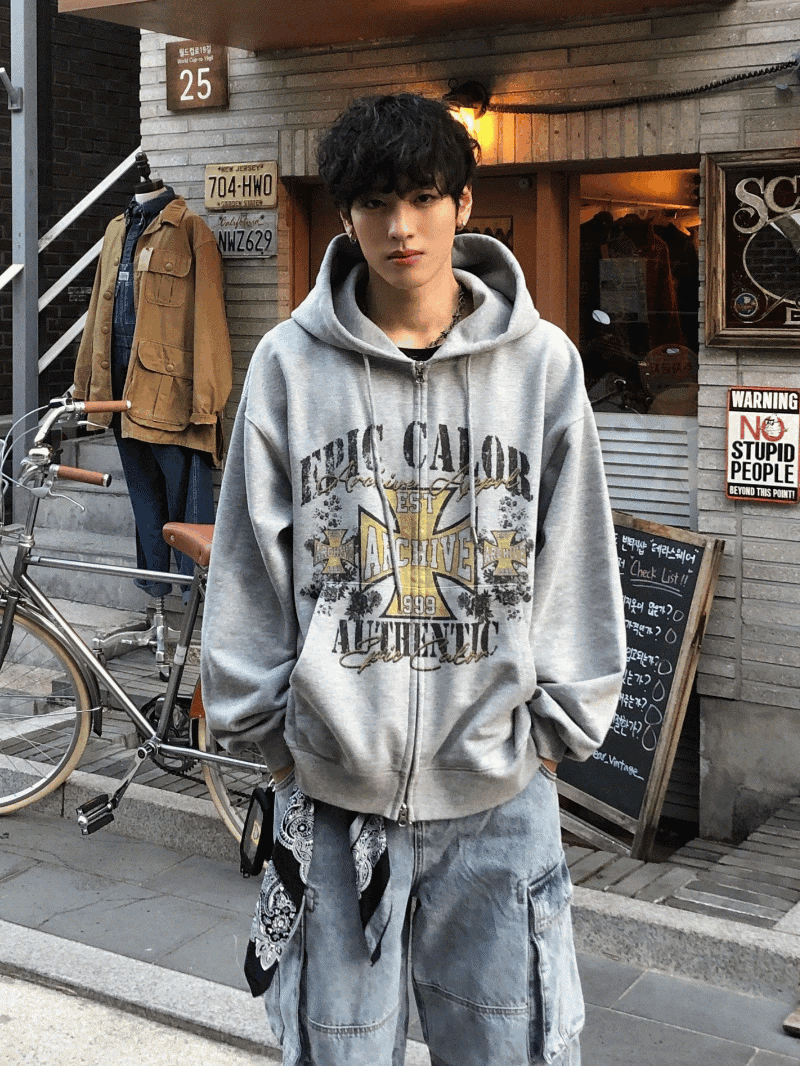 十字復古印花雙向拉鍊連帽衫