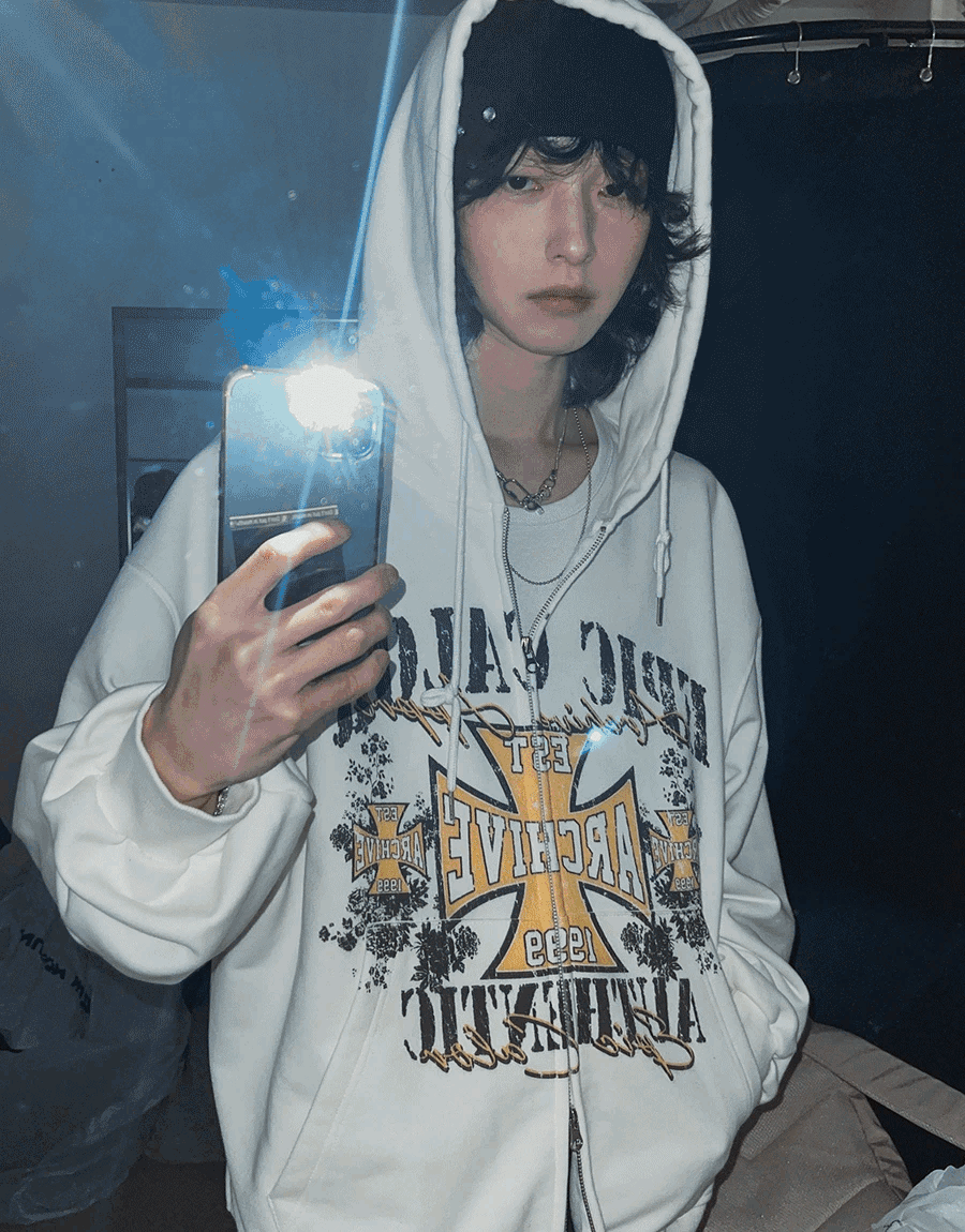 十字復古印花雙向拉鍊連帽衫