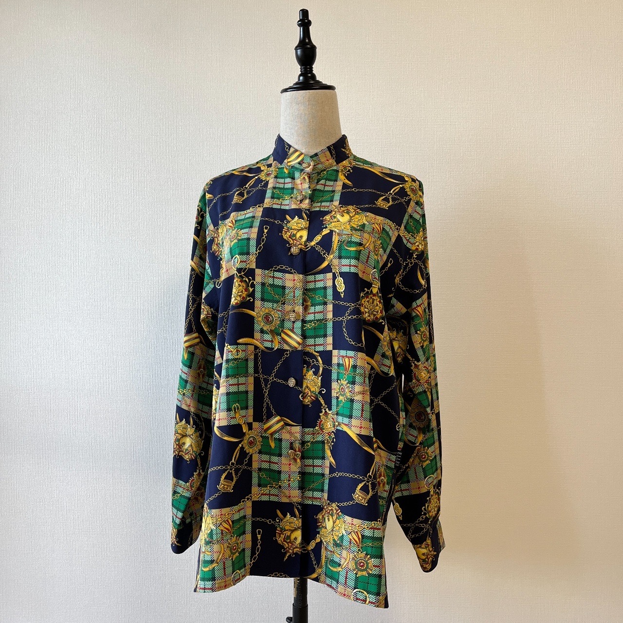 ELLE藍綠色格紋巴洛克古著上衣