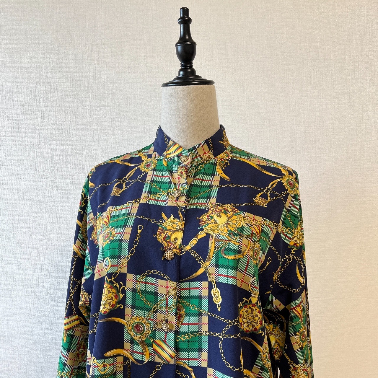 ELLE藍綠色格紋巴洛克古著上衣