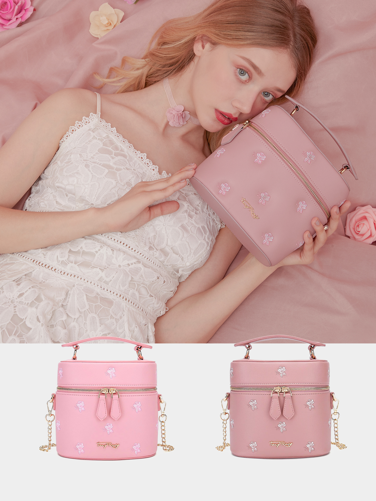 Rosy Romance Floral Embroidery Bucket Bag