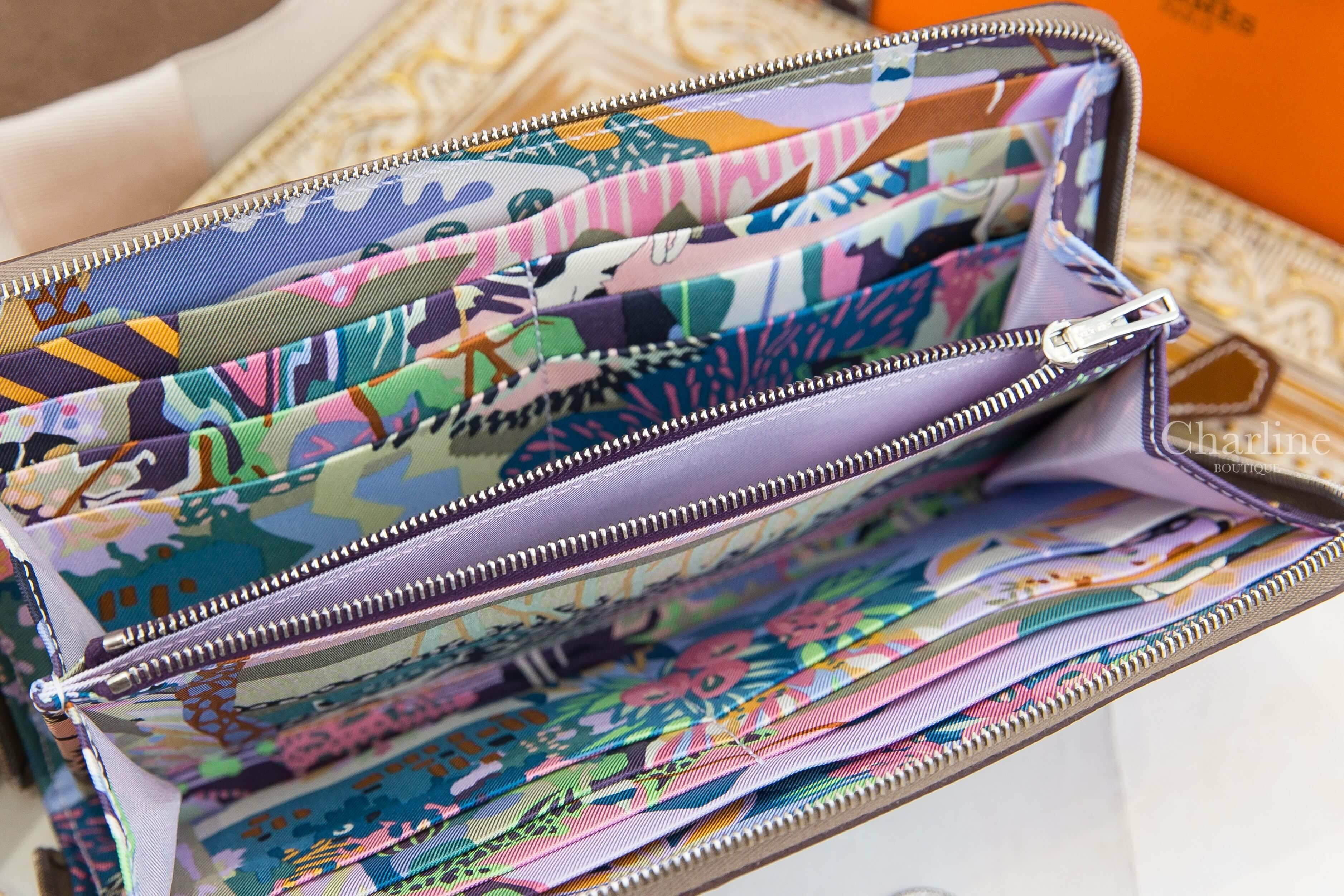 Hermès Silk'in Classique Long Wallet 18 Etoupe Epsom 大象灰同色縫線絲巾拉鍊長夾-Charline Boutique 精品代購