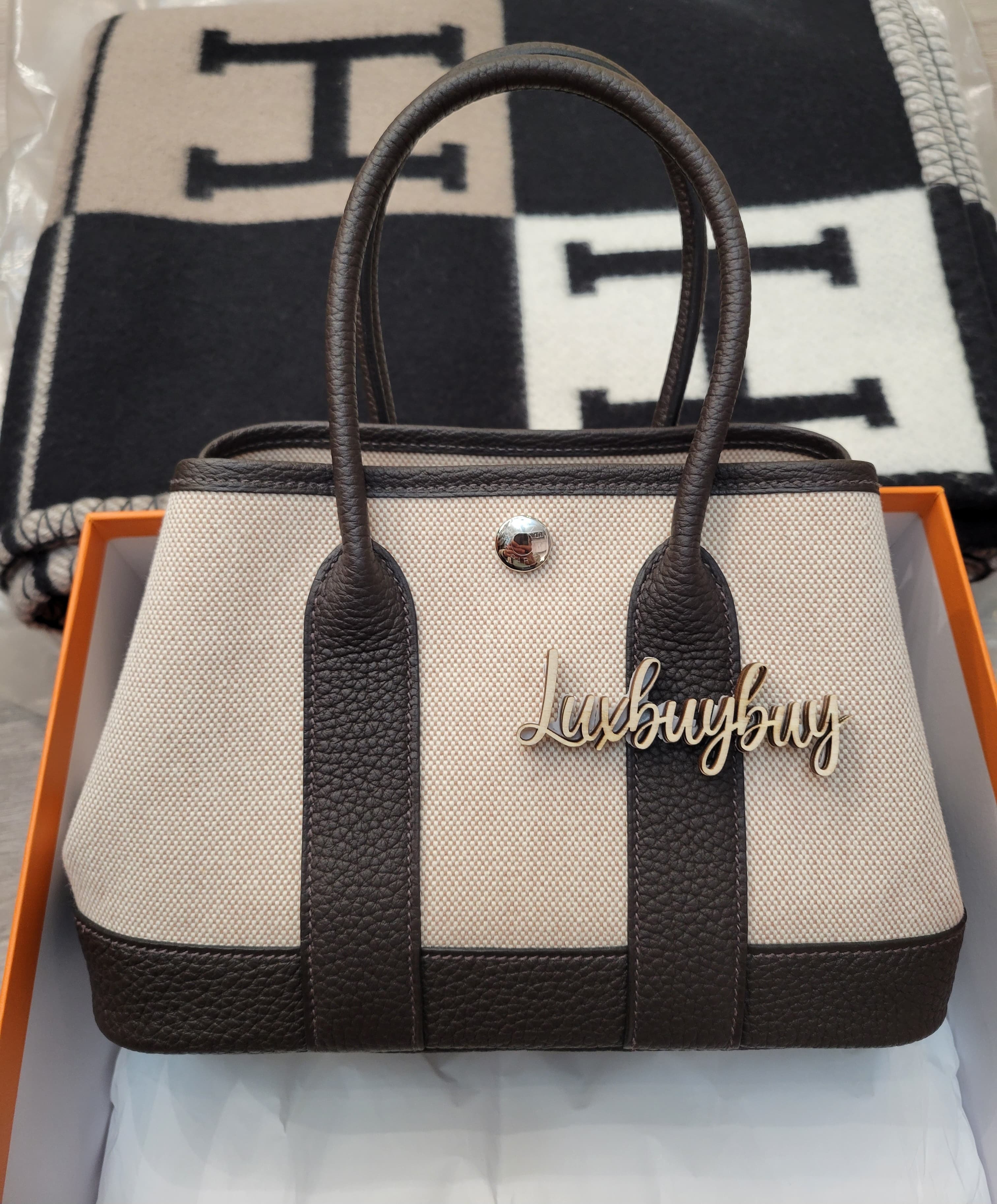 HERMES NEO GARDEN PARTY 23 MINI ECRU/BEIGE/EBENE CK 烏木銀扣