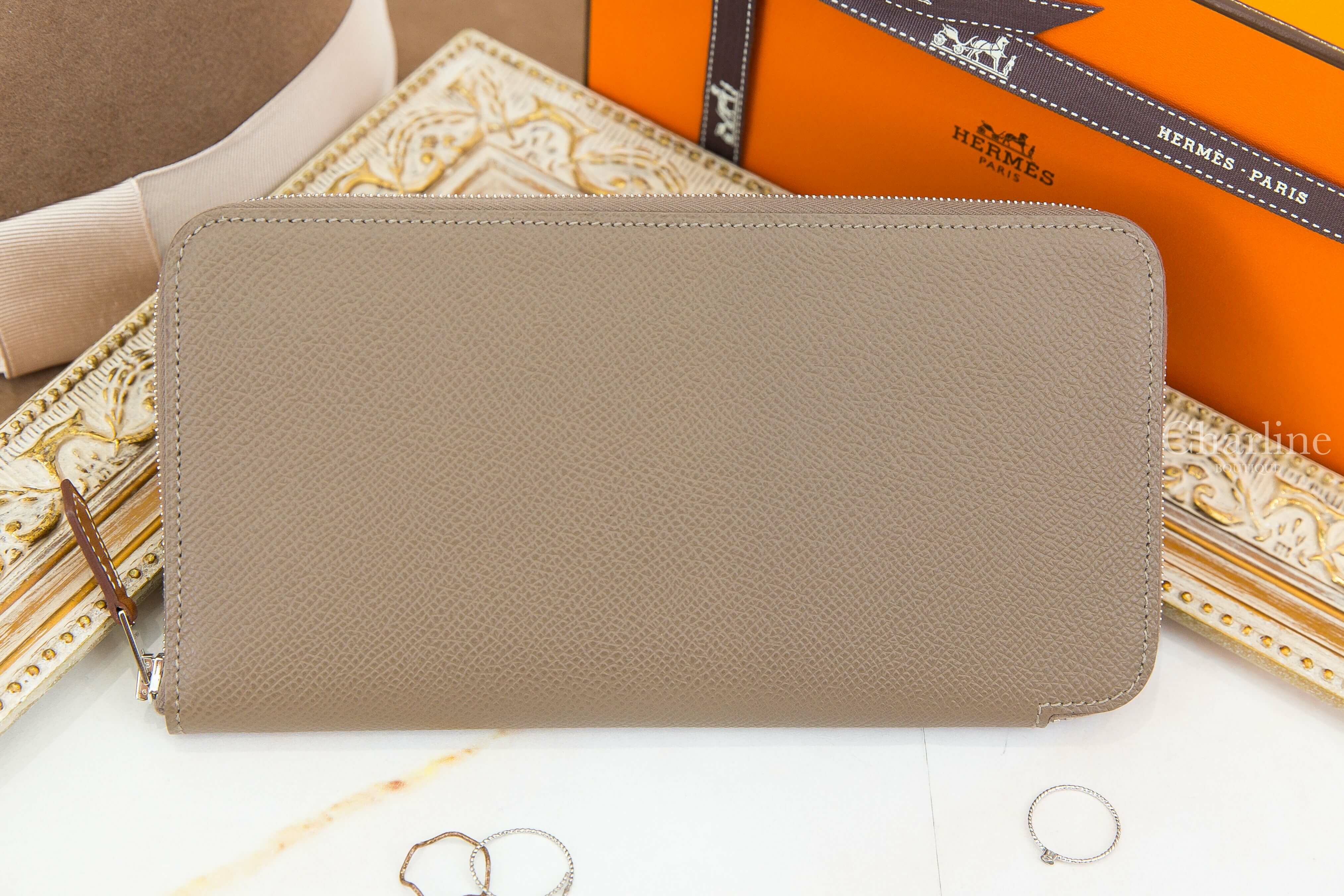 Hermès Silk'in Classique Long Wallet 18 Etoupe Epsom 大象灰同色縫線絲巾拉鍊長夾-Charline Boutique 精品代購