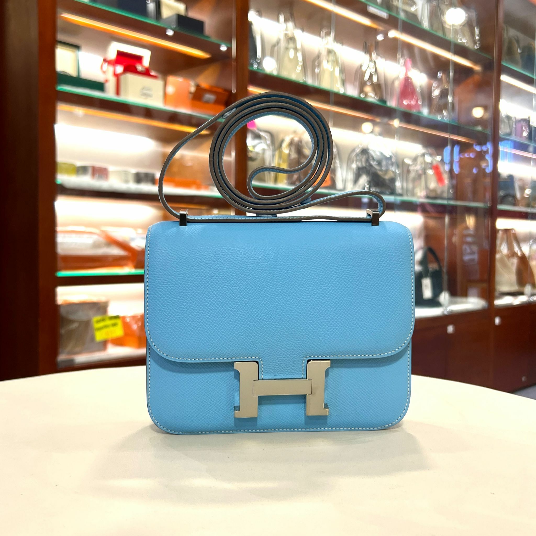 99%NEW二手HERMES MINI CONSTANCE 糖果藍 銀扣 7N CELESTE PHW EPSOM皮#香榭站正品