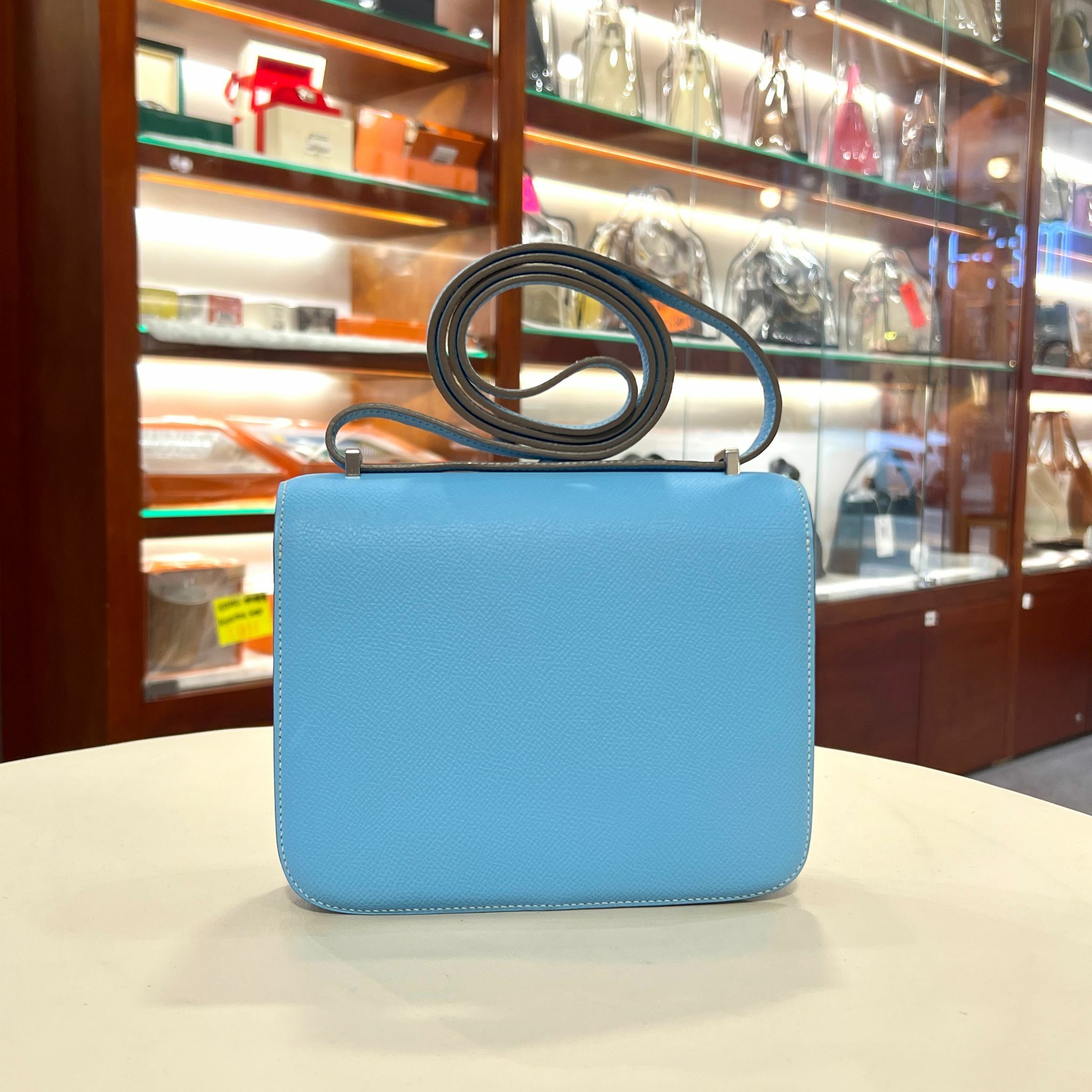 99%NEW二手HERMES MINI CONSTANCE 糖果藍 銀扣 7N CELESTE PHW EPSOM皮#香榭站正品