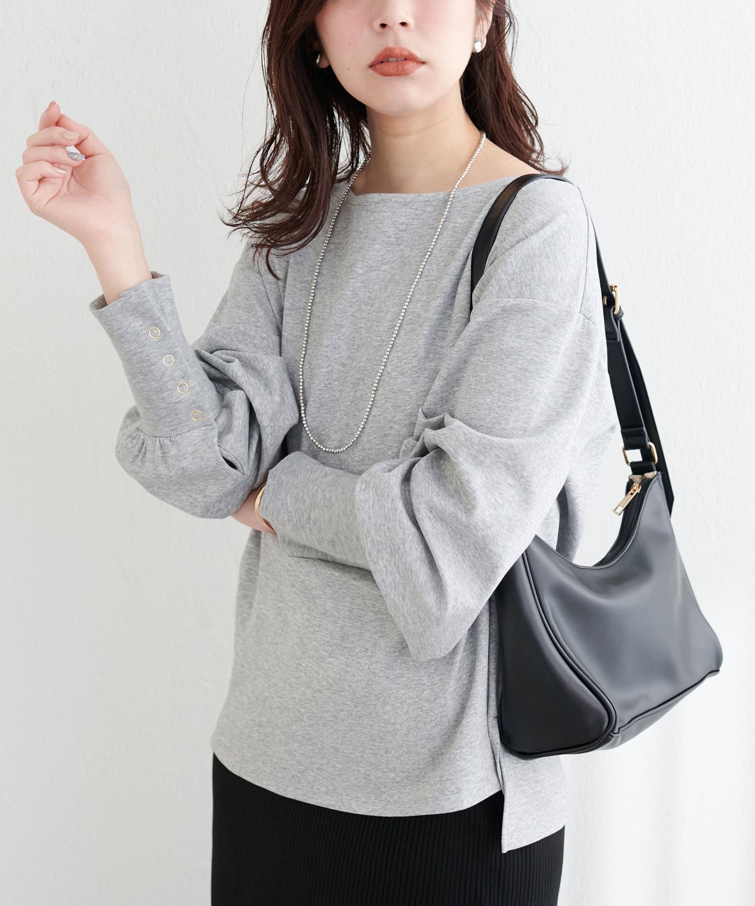 natural couture(ナチュラルクチュール)  袖口長めリブカットソー灰（0351060160）