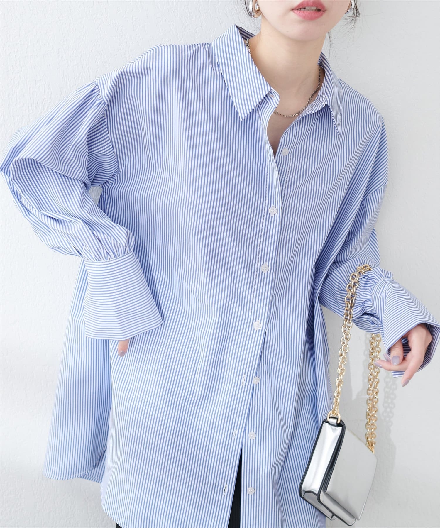 natural couture(ナチュラルクチュール)  ストライプBIGシャツ藍（0351040470）