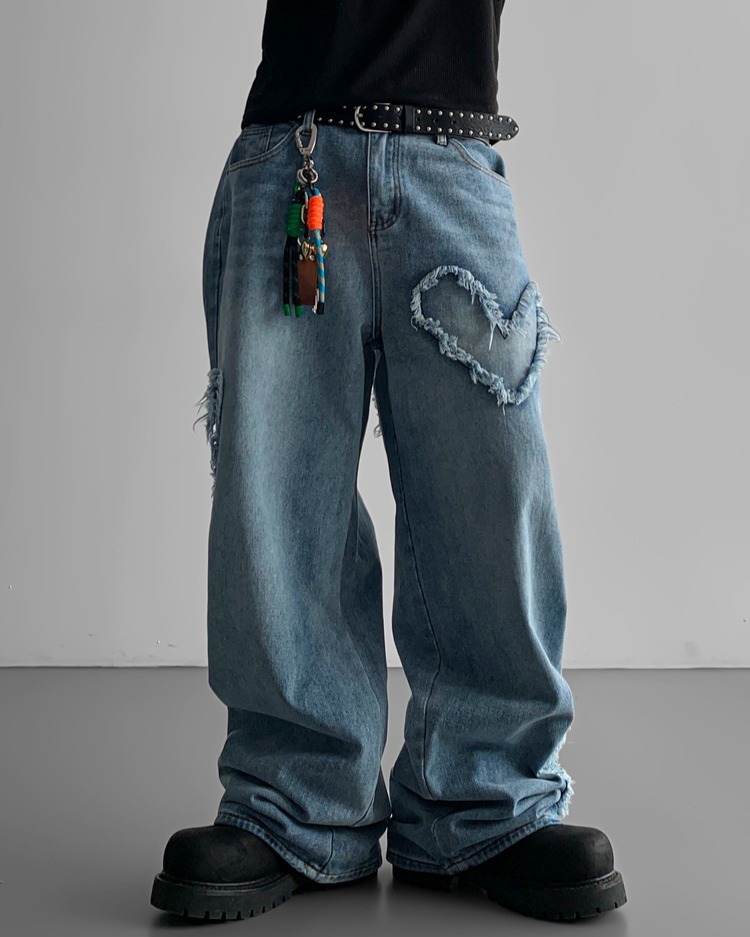 心型刺繡寬牛仔褲