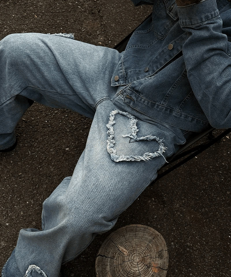 心型刺繡寬牛仔褲